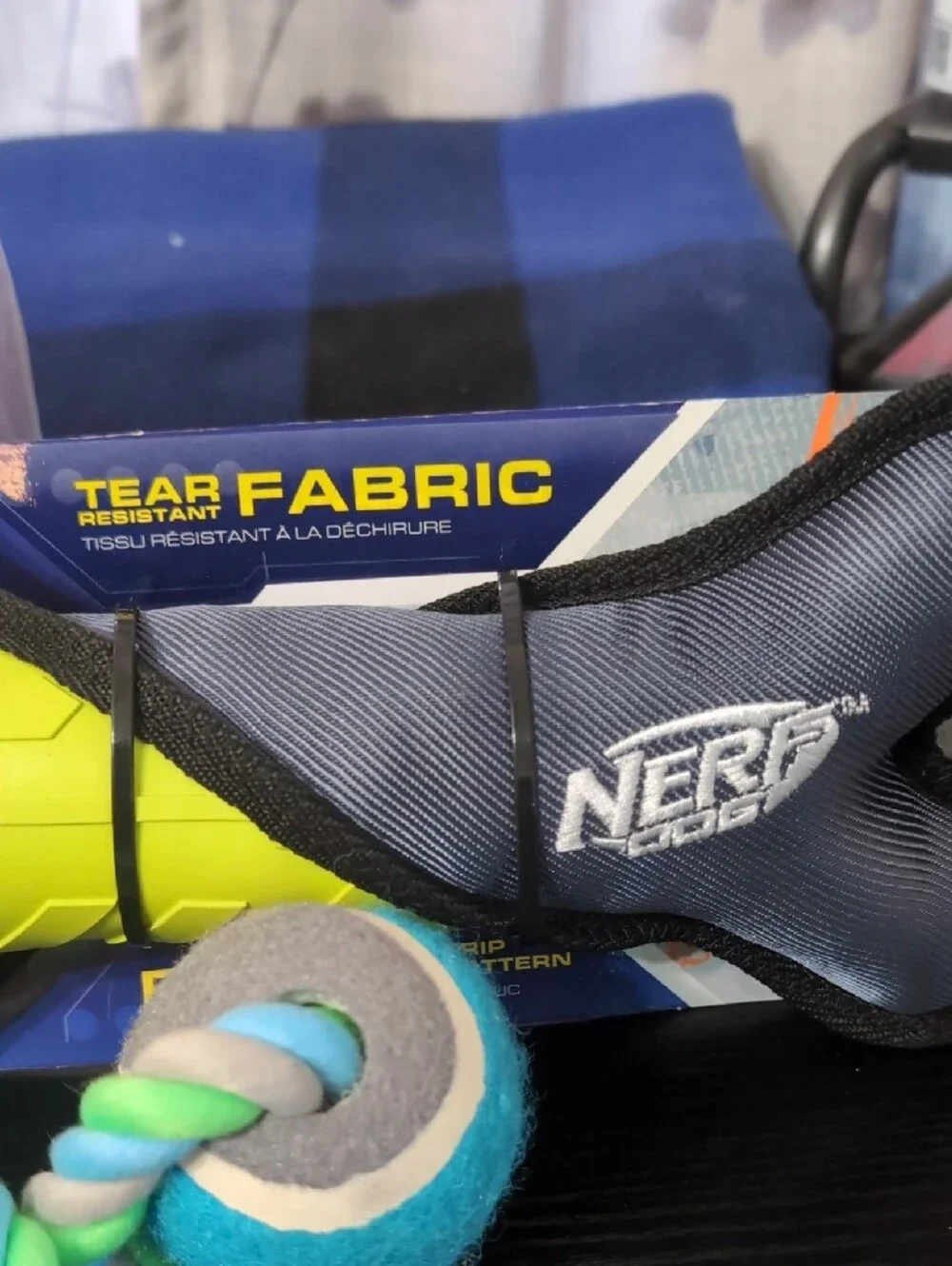 Outward Hound Yellow and Blue Rope Ball Tug Toy with Neon Yellow Bone